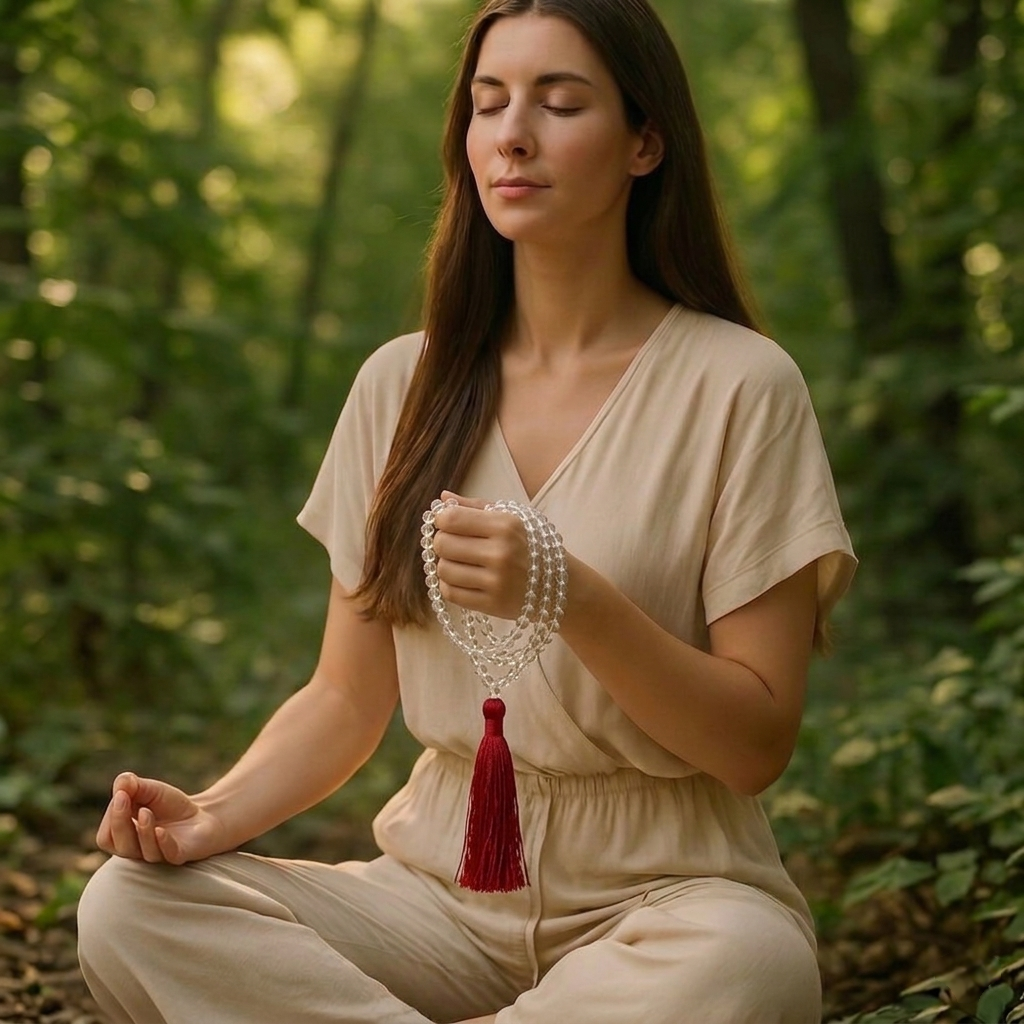 Natural Clear Quartz Sphatik Jaap Mala with 108 transparent beads and a white or silver tassel from lakshya gems