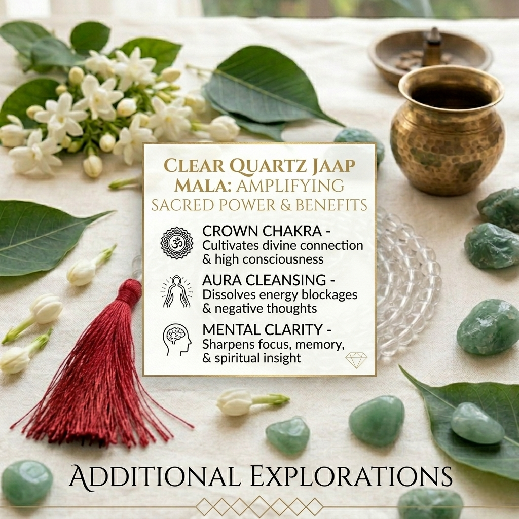 Natural Clear Quartz Sphatik Jaap Mala with 108 transparent beads and a white or silver tassel from lakshya gems