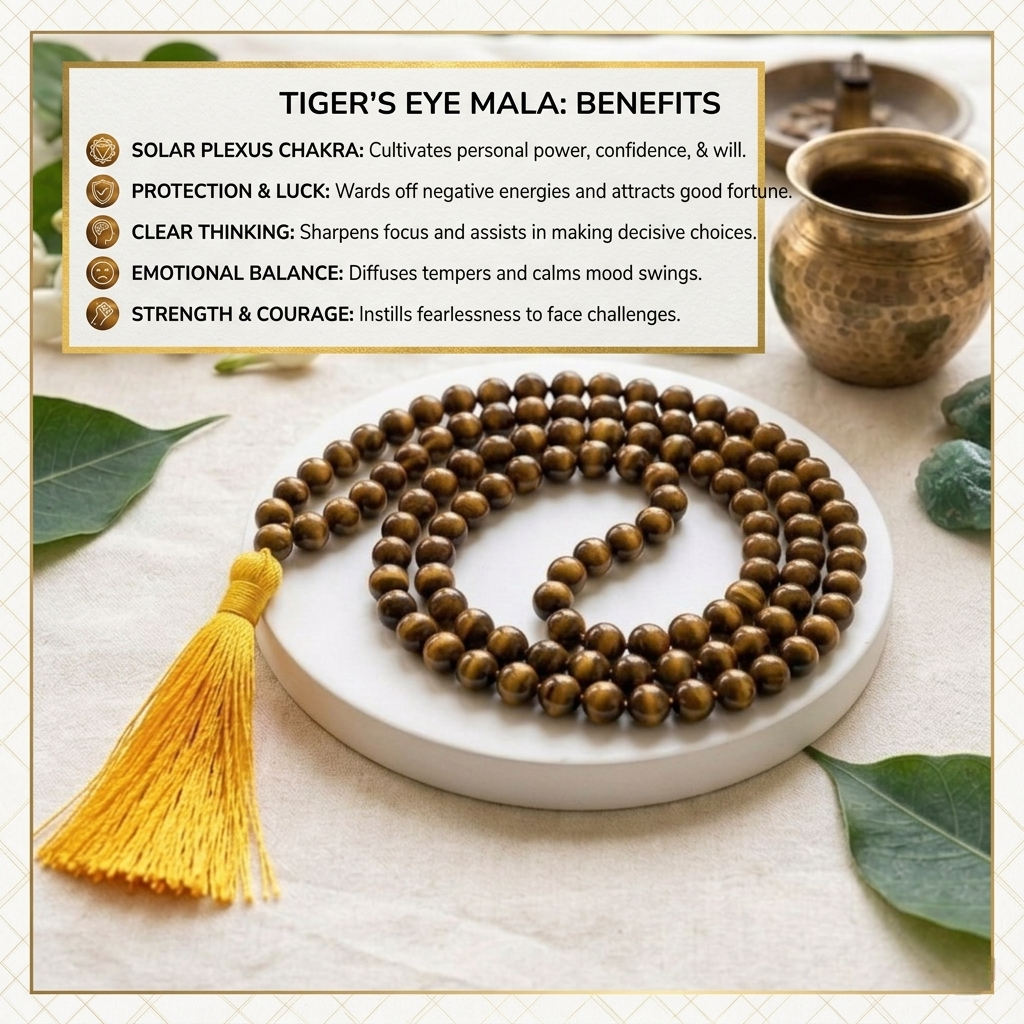 Natural Tiger Eye Jaap Mala with 108 golden-brown chatoyant beads and a traditional silk tassel from lakshya gems