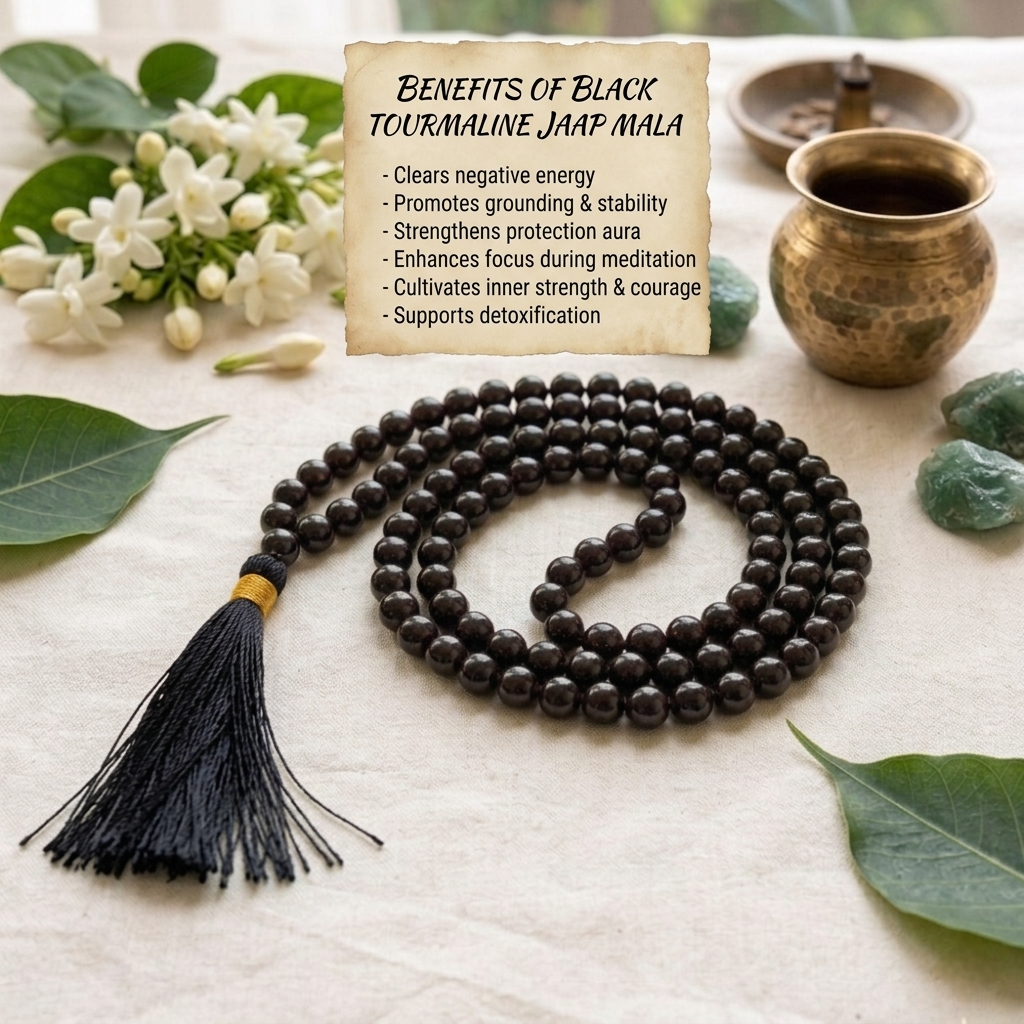 Natural Black Tourmaline Jaap Mala with 108 polished jet-black beads and a traditional black tassel from lakshya gems