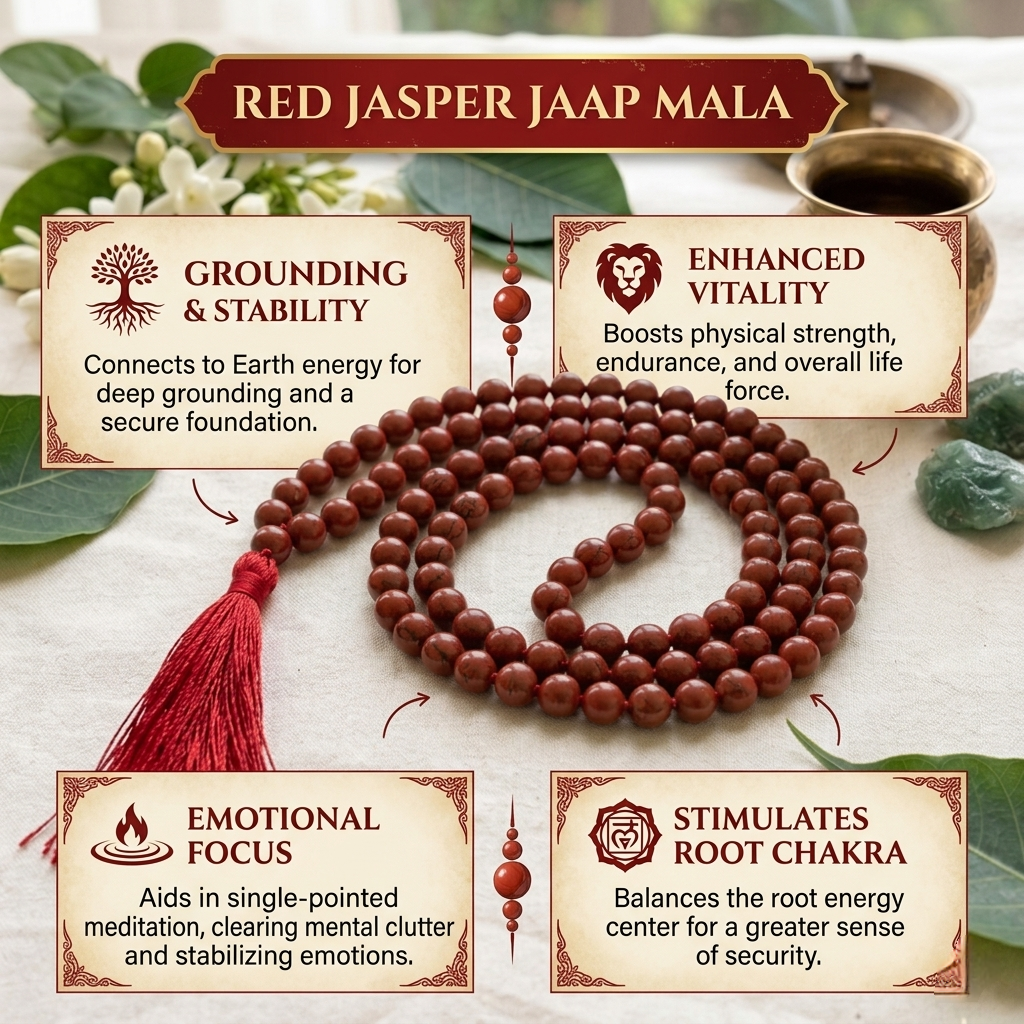 Natural Red Jasper Jaap Mala with 108 terracotta-red beads and a traditional red or brown tassel lakshya Gems