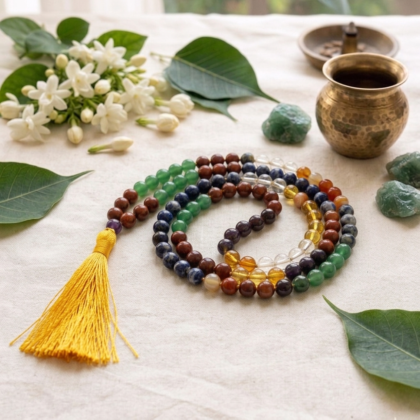 Natural Seven Chakra Jaap Mala with 108 multicolor gemstone beads and a traditional purple or white tassel from lakshya gems