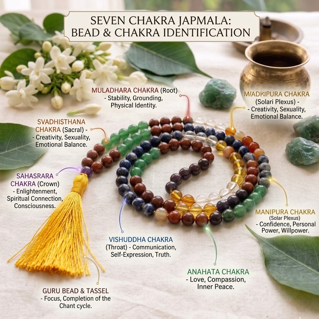 Natural Seven Chakra Jaap Mala with 108 multicolor gemstone beads and a traditional purple or white tassel from lakshya gem