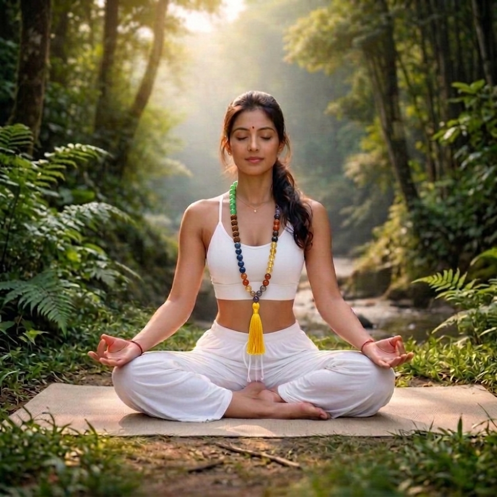 Natural Seven Chakra Jaap Mala with 108 multicolor gemstone beads and a traditional purple or white tassel from lakshya gems