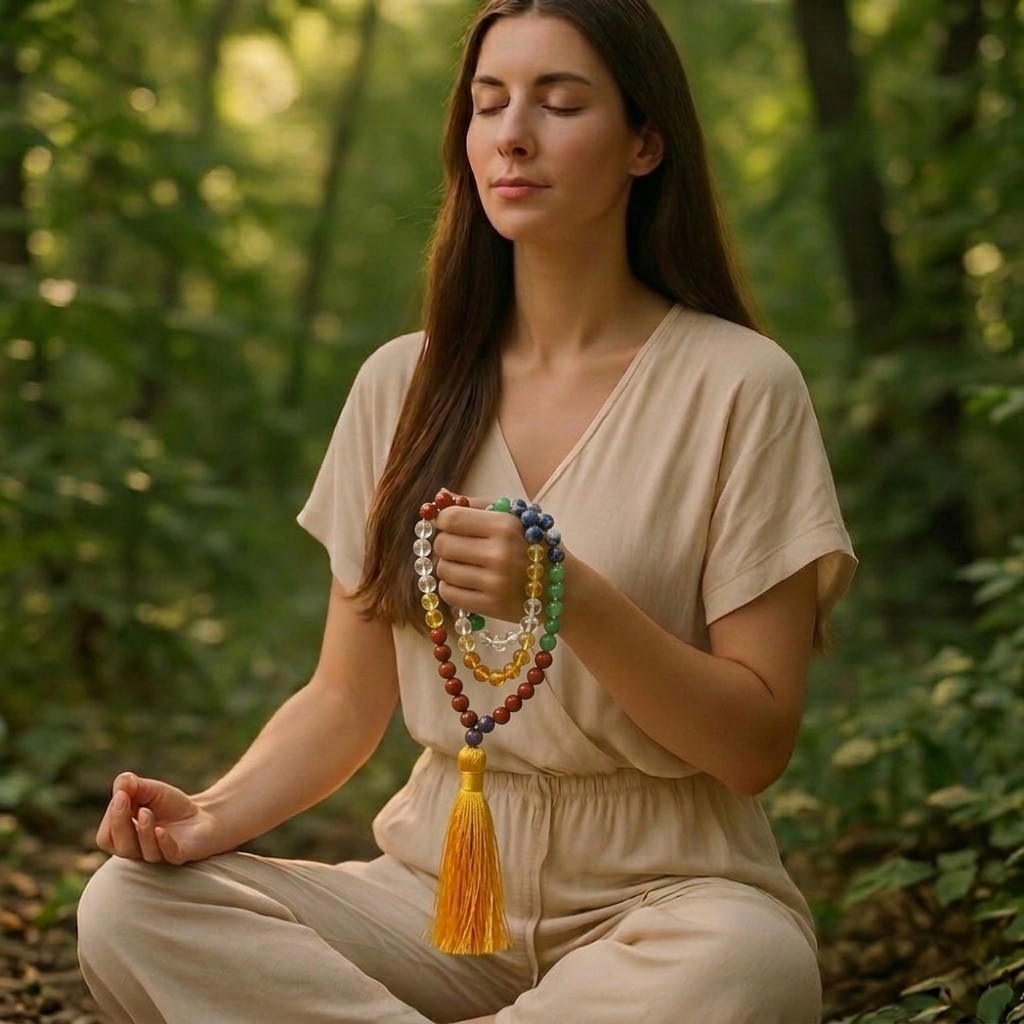 Natural Seven Chakra Jaap Mala with 108 multicolor gemstone beads and a traditional purple or white tassel lakshya gems