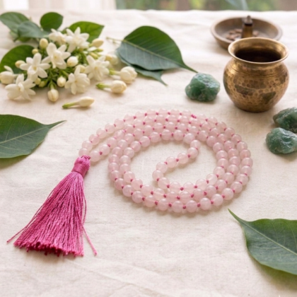 Natural Rose Quartz Jaap Mala with 108 soft pink translucent beads and a traditional pink silk tassel lakshya gems