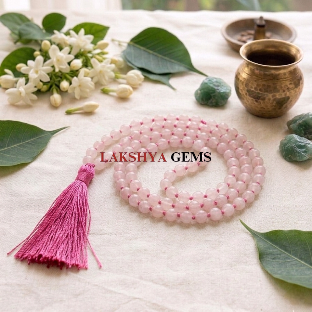 Natural Rose Quartz Jaap Mala with 108 soft pink translucent beads and a traditional pink silk tassel lakshya gems