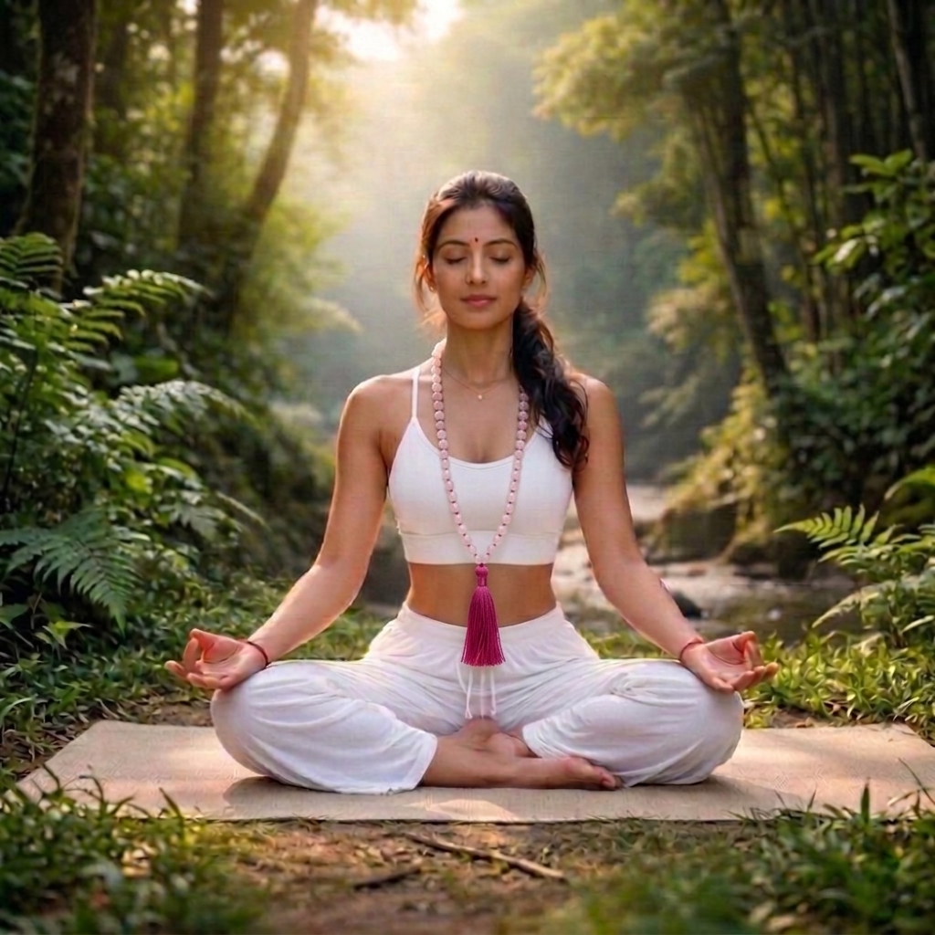 Natural Rose Quartz Jaap Mala with 108 soft pink translucent beads and a traditional pink silk tassel from lakshya gems