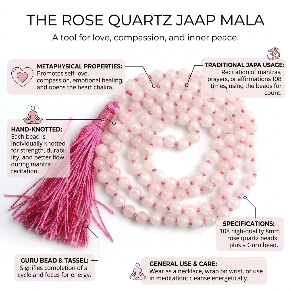 Natural Rose Quartz Jaap Mala with 108 soft pink translucent beads and a traditional pink silk tassel