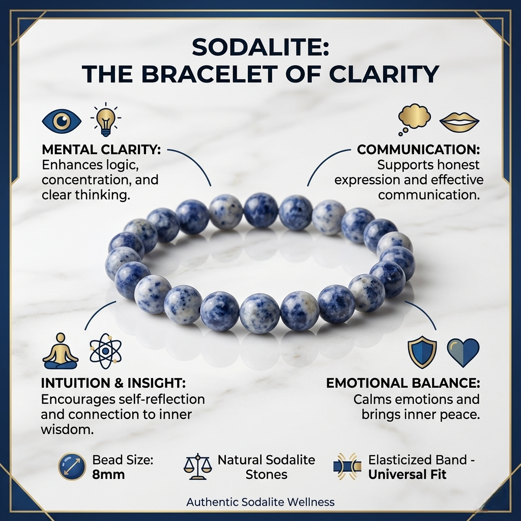 Natural Sodalite crystal bracelet featuring polished indigo-blue beads with white calcite veining from lakshya gems