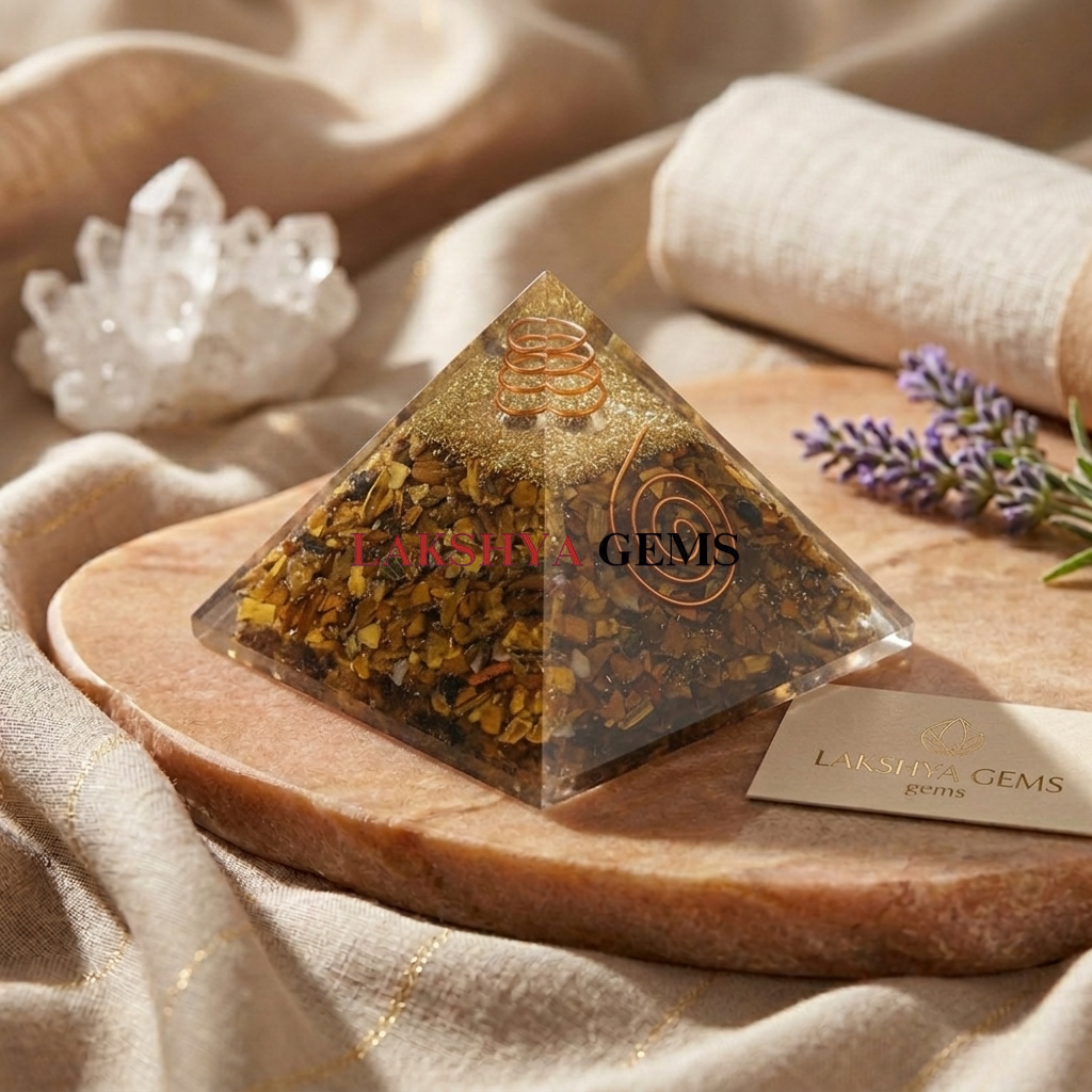 Natural Tiger Eye crystal pyramid showing shimmering golden and brown chatoyant bands with a polished finish lakshya gems mumbai