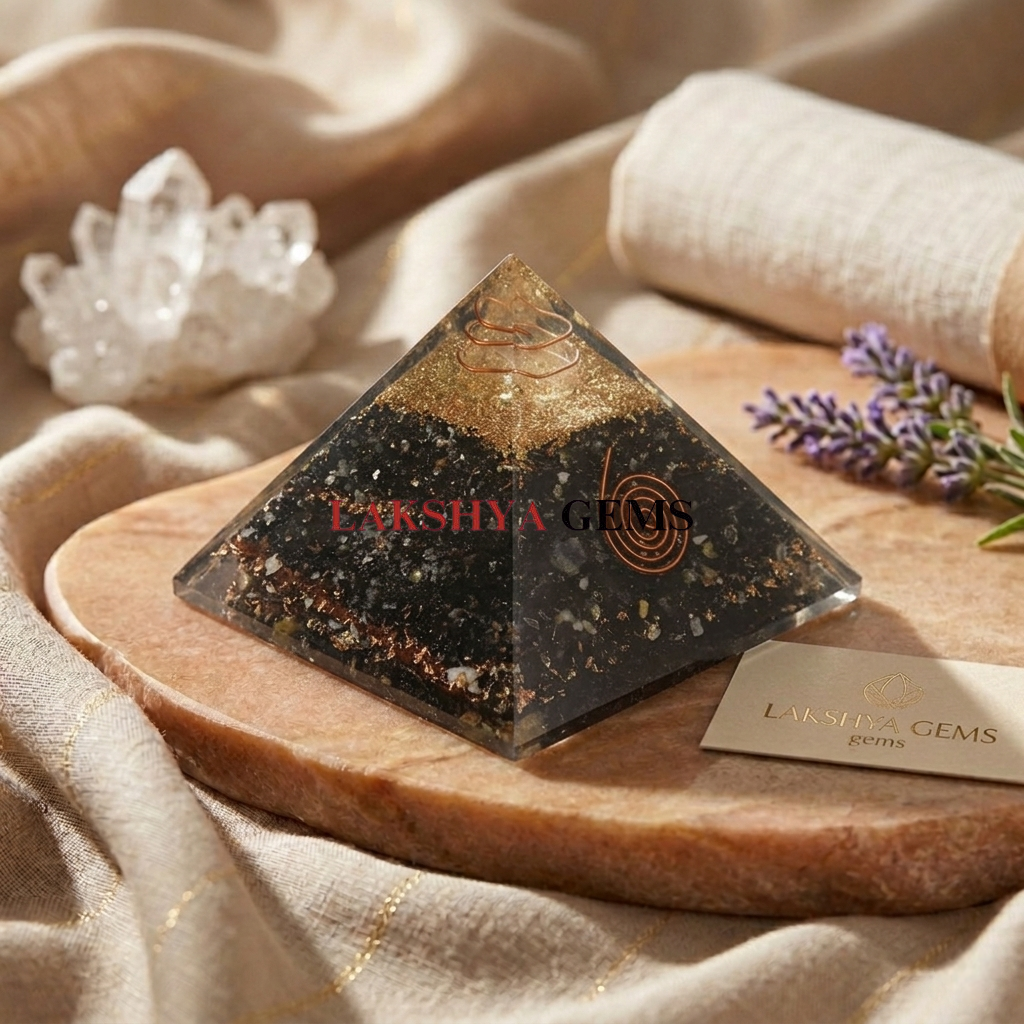 Natural Black Tourmaline crystal pyramid showing a polished, solid black surface with a precise four-sided shape from lakshya gems