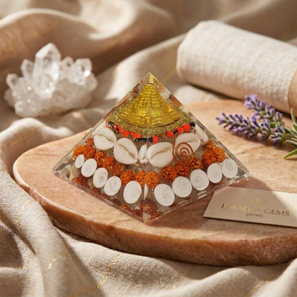 Dhan Lakshmi Pyramid with a clear resin finish showing Shree Yantra, Gomti Chakra, and Rudraksha beads inside from Lakshya Gems mumbai