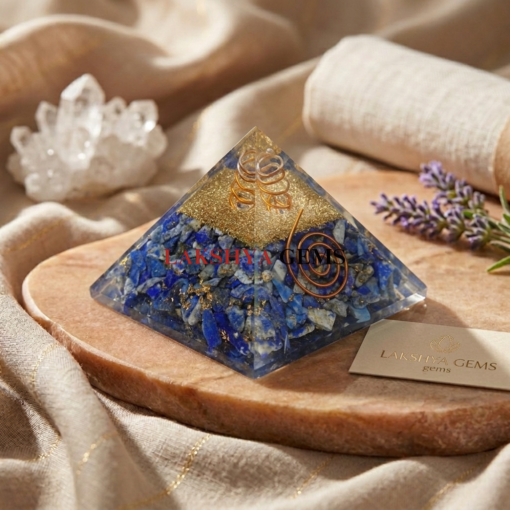 Natural Lapis Lazuli crystal pyramid showing deep blue color with golden pyrite inclusions and a polished finish from lakshya gems mumbai