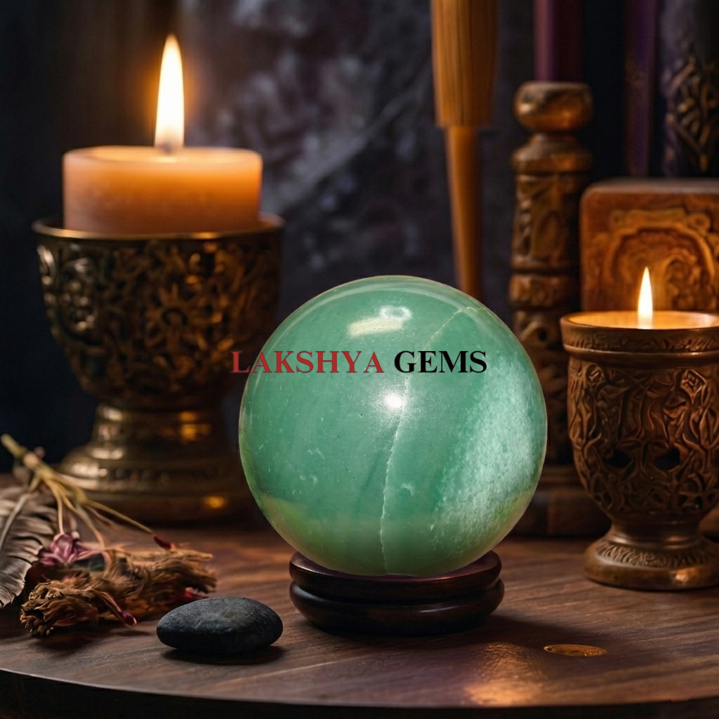 A polished natural Green Aventurine sphere showing rich forest-green color and subtle metallic shimmer.