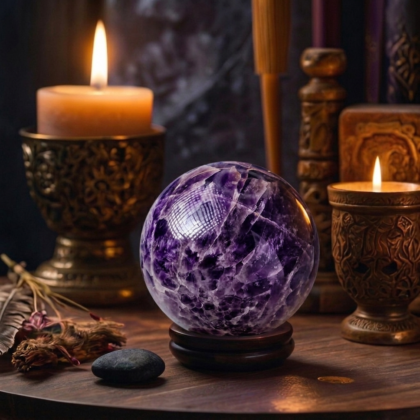 A polished natural Amethyst sphere showing deep purple crystal structures and internal veils on a wooden stand.
