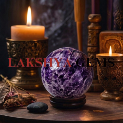 A polished natural Amethyst sphere showing deep purple crystal structures and internal veils on a wooden stand.