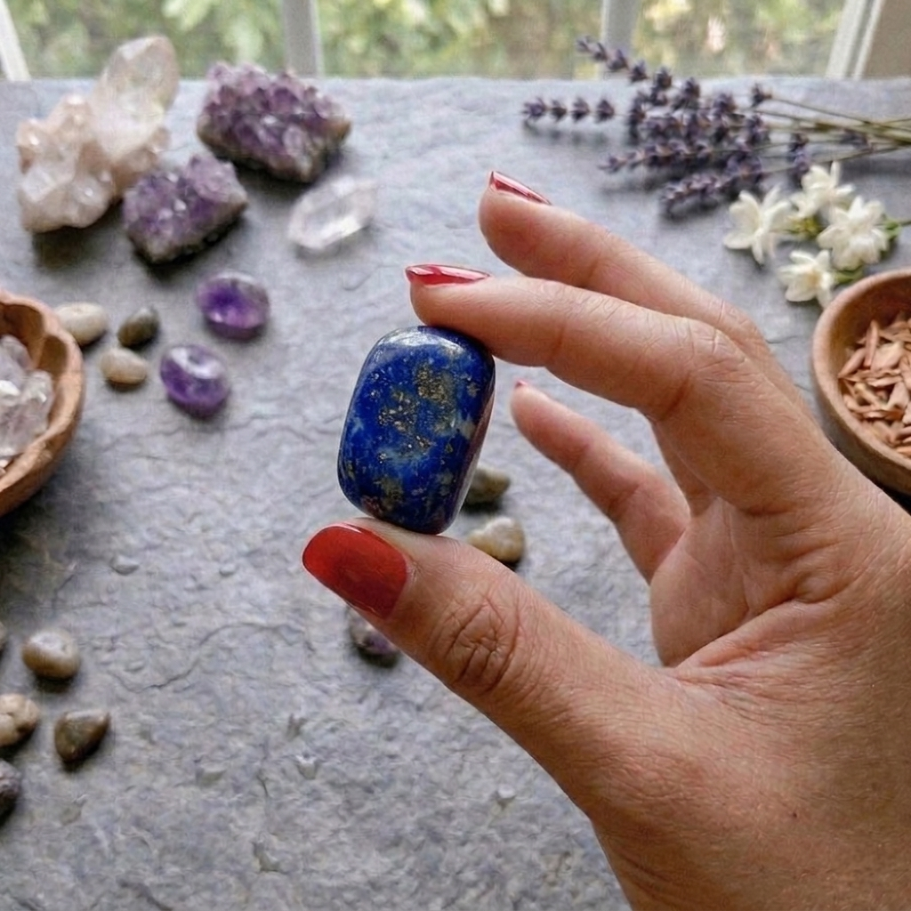 A collection of polished Lapis Lazuli crystal tumbles featuring a deep royal blue color and golden pyrite flecks.
