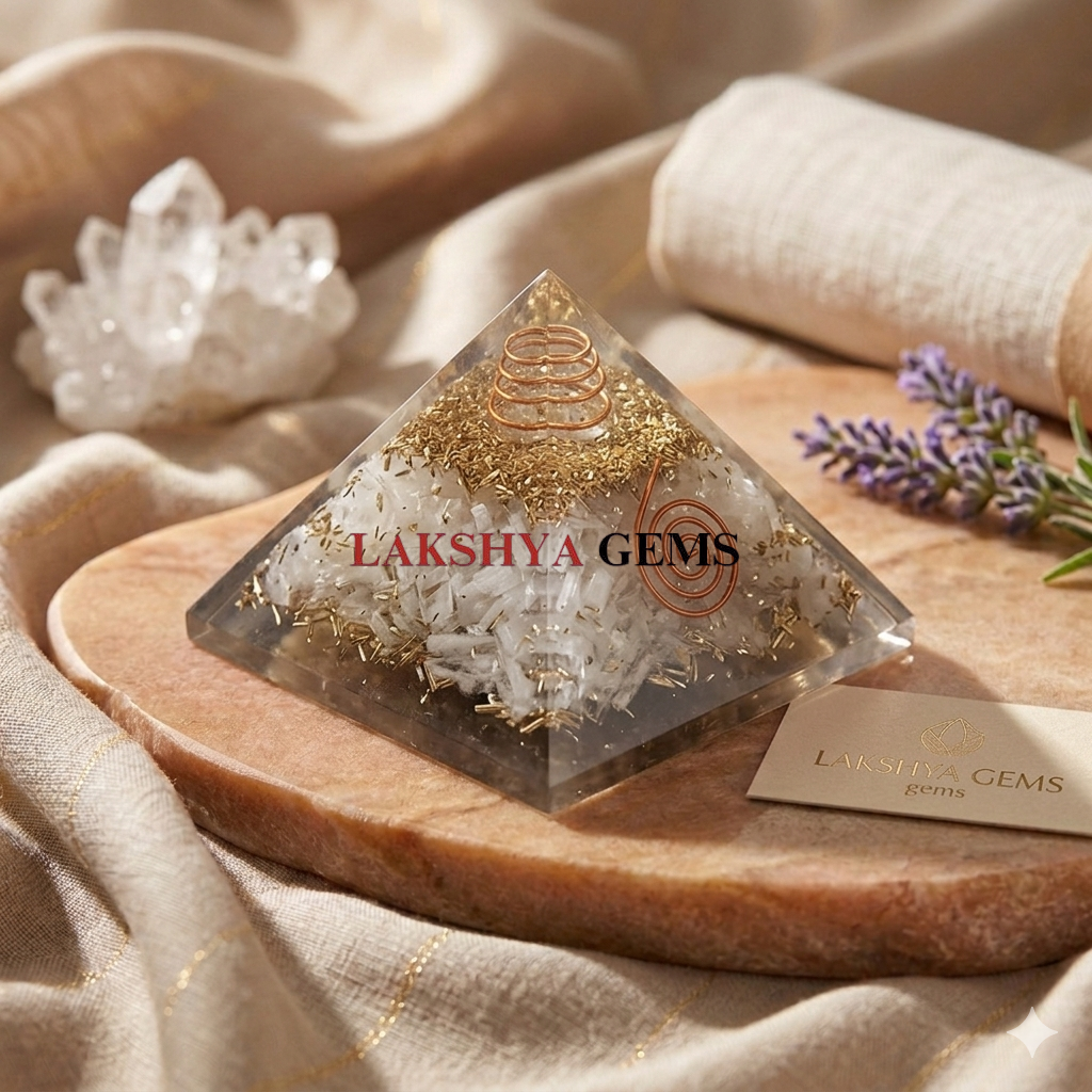Natural Selenite crystal pyramid with a pearly white translucent surface and hand-carved four-sided geometry best in mumbai