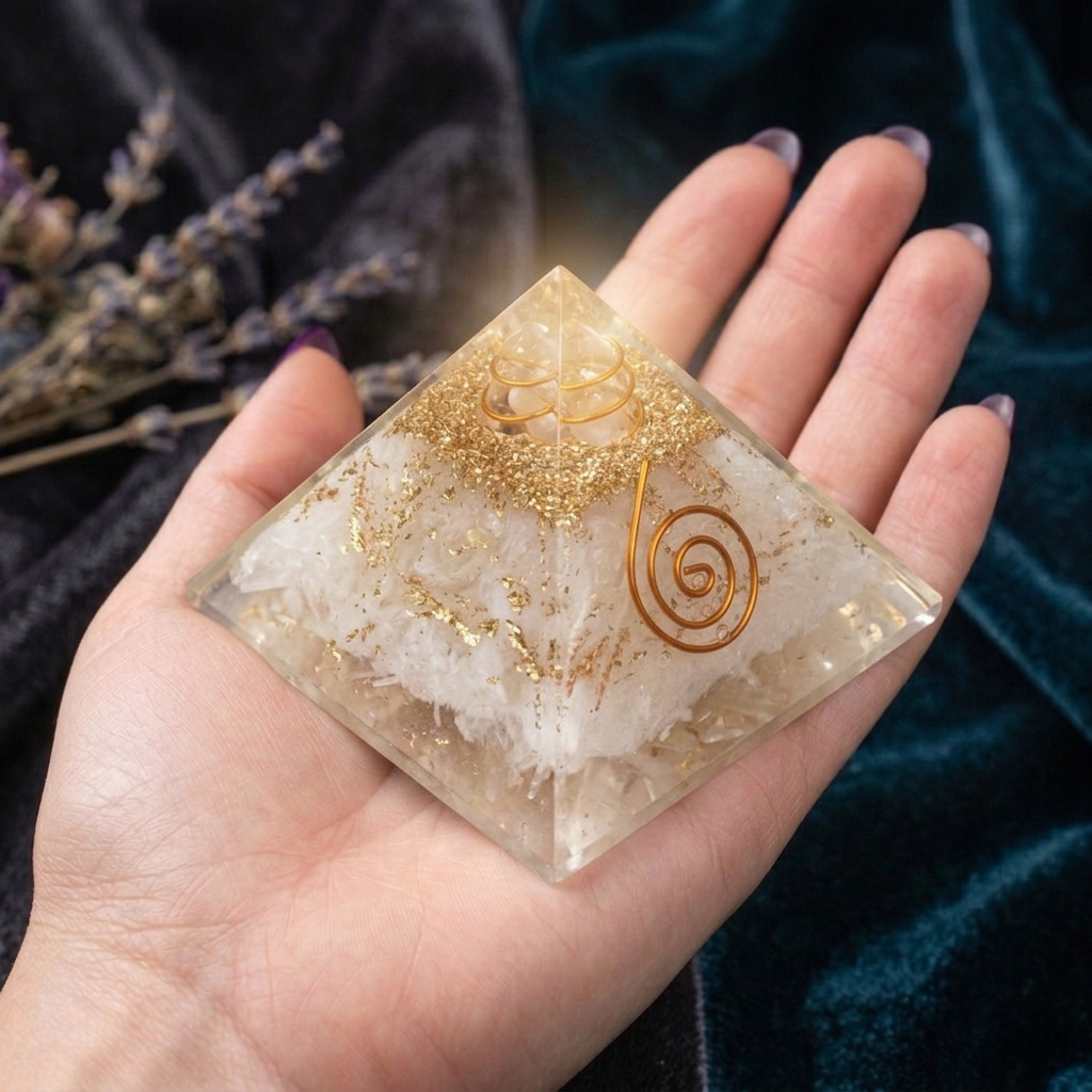 Natural Selenite crystal pyramid with a pearly white translucent surface and hand-carved four-sided geometry from lakshya gems