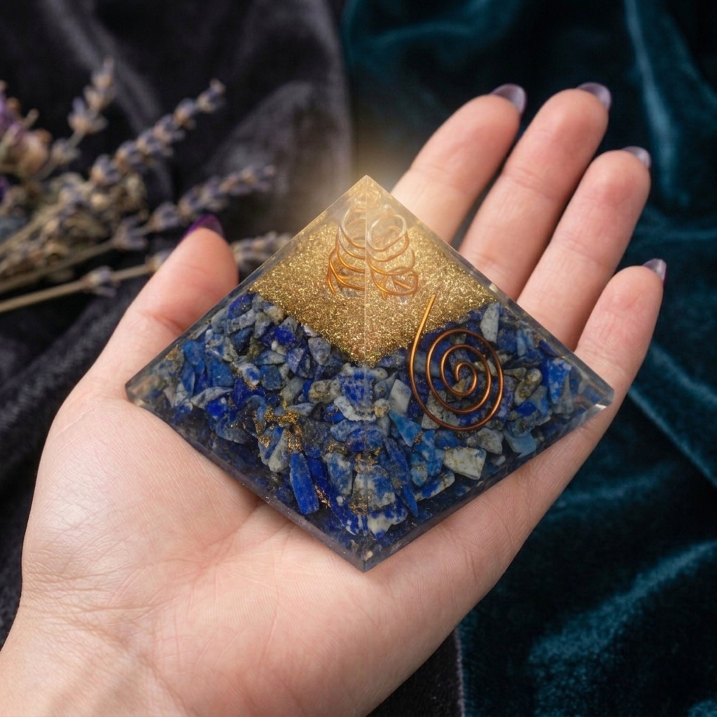 Natural Lapis Lazuli crystal pyramid showing deep blue color with golden pyrite inclusions and a polished finish from lakshya gems mumbai