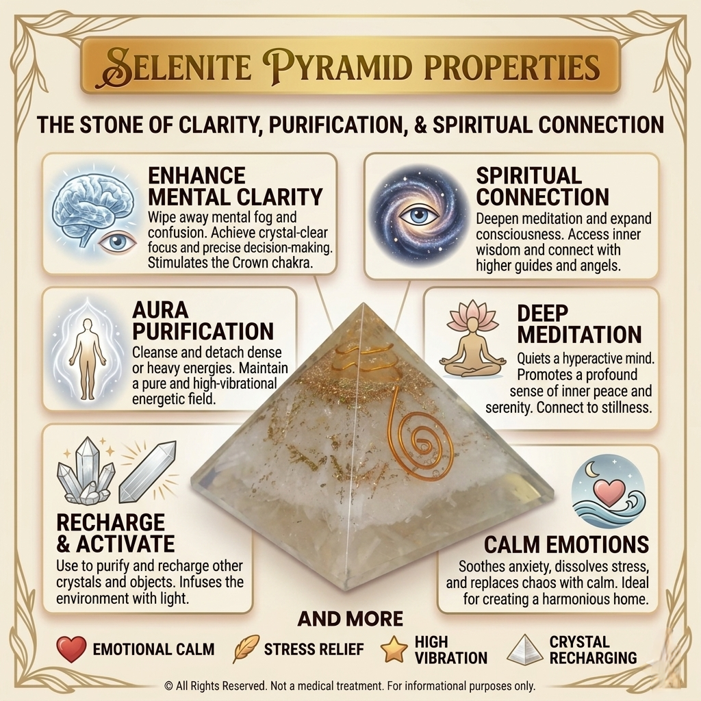 Natural Selenite crystal pyramid with a pearly white translucent surface and hand-carved four-sided geometry from lakshya gems mumbai