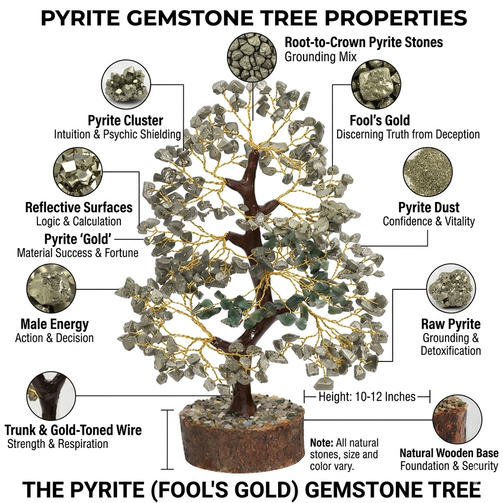 Handcrafted Pyrite crystal tree with golden wire branches and shimmering natural Pyrite chips on a wooden base.