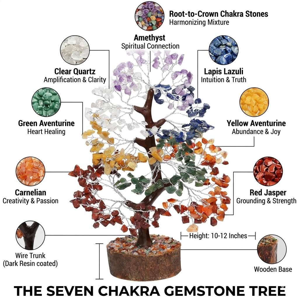 Handcrafted 7 Chakra crystal tree with golden wire branches featuring natural chips of Amethyst, Lapis, Aventurine, and Jasper from lakshya gems mumbai