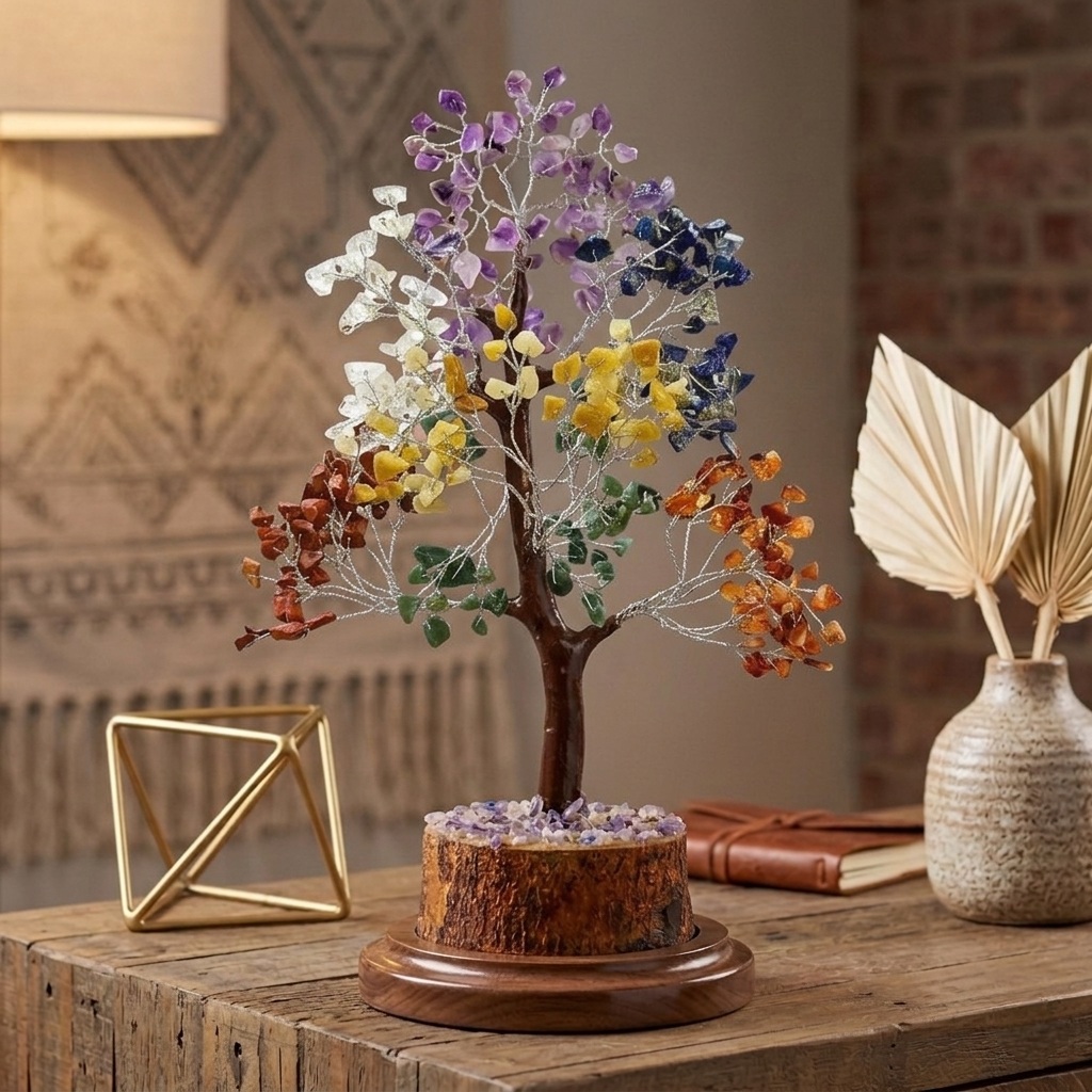 Handcrafted 7 Chakra crystal tree with golden wire branches featuring natural chips of Amethyst, Lapis, Aventurine, and Jasper from lakshya gems mumbai