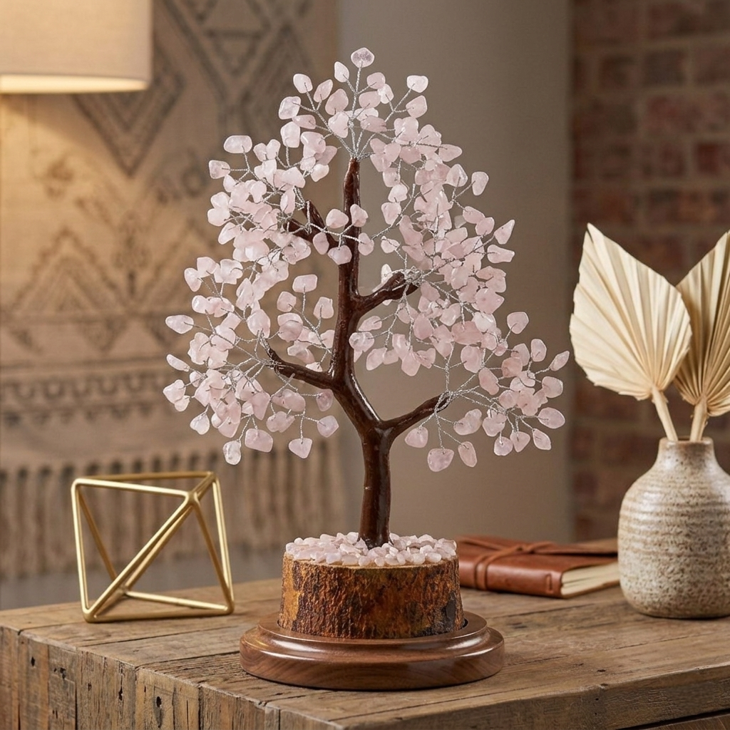 Handcrafted Rose Quartz crystal tree with golden wire branches and delicate pink gemstone chips on a natural base from lakshya gems mumbai