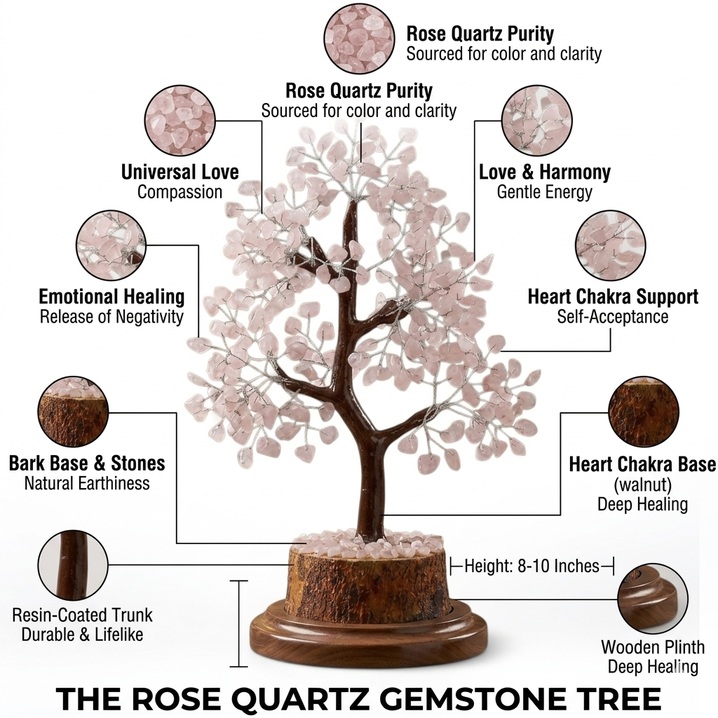 Handcrafted Rose Quartz crystal tree with golden wire branches and delicate pink gemstone chips on a natural base from lakshya gems mumbai