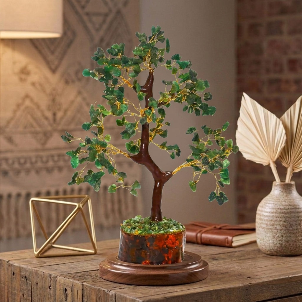 Handcrafted Green Jade crystal tree with golden wire branches and vibrant green gemstone chips on a natural base from lakshya gems mumbai