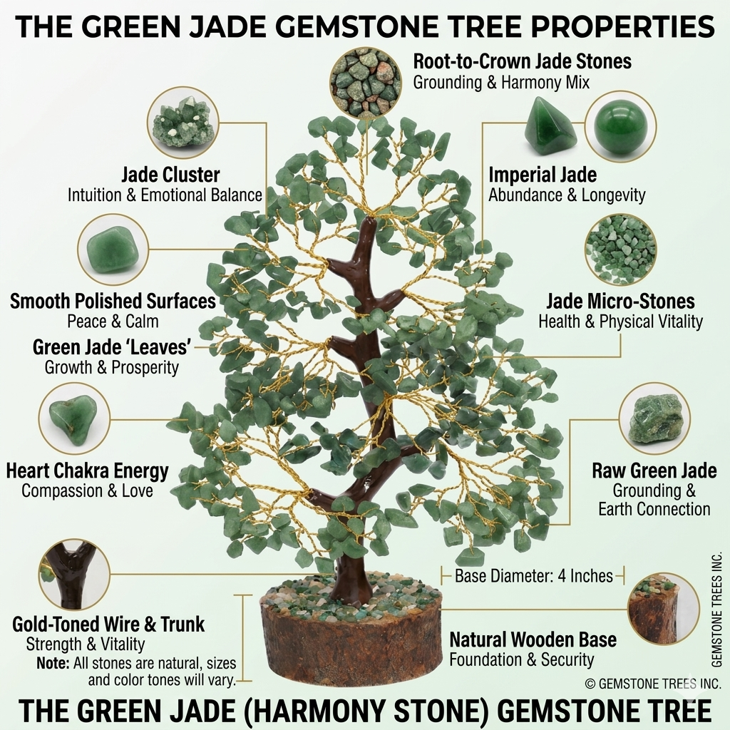 Handcrafted Green Jade crystal tree with golden wire branches and vibrant green gemstone chips on a natural base from lakshya gems mumbai