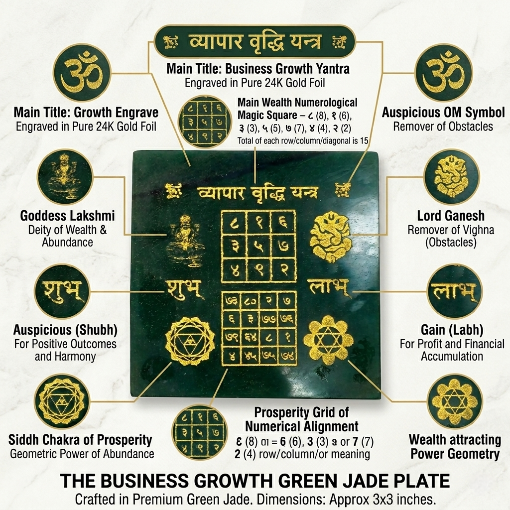 Authentic Green Jade Vyapar Vriddhi plate with sacred Vedic Yantra geometry etched on a natural green gemstone surface from lakshys gems mumbai
