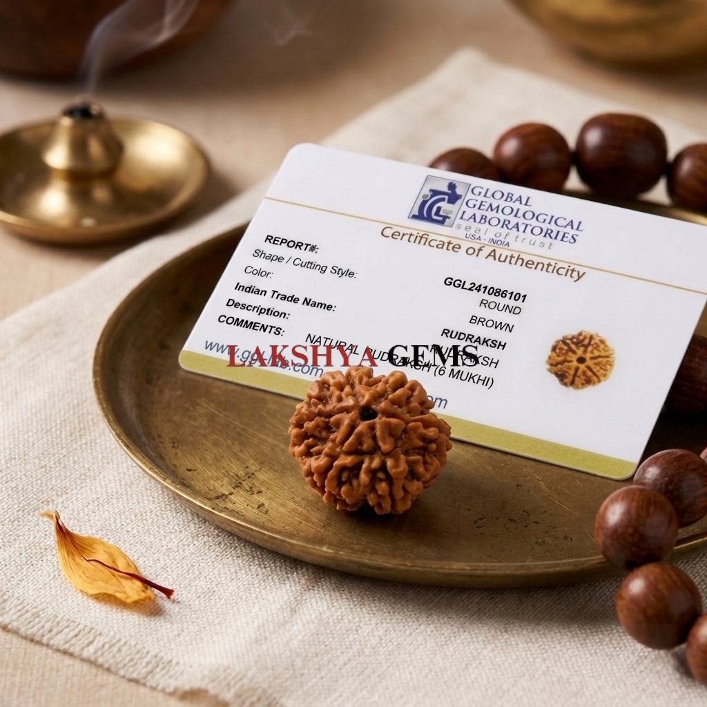 Authentic 6 Mukhi Nepali Rudraksha bead with six distinct natural grooves and a rich dark brown texture from lakshya gems mumbai