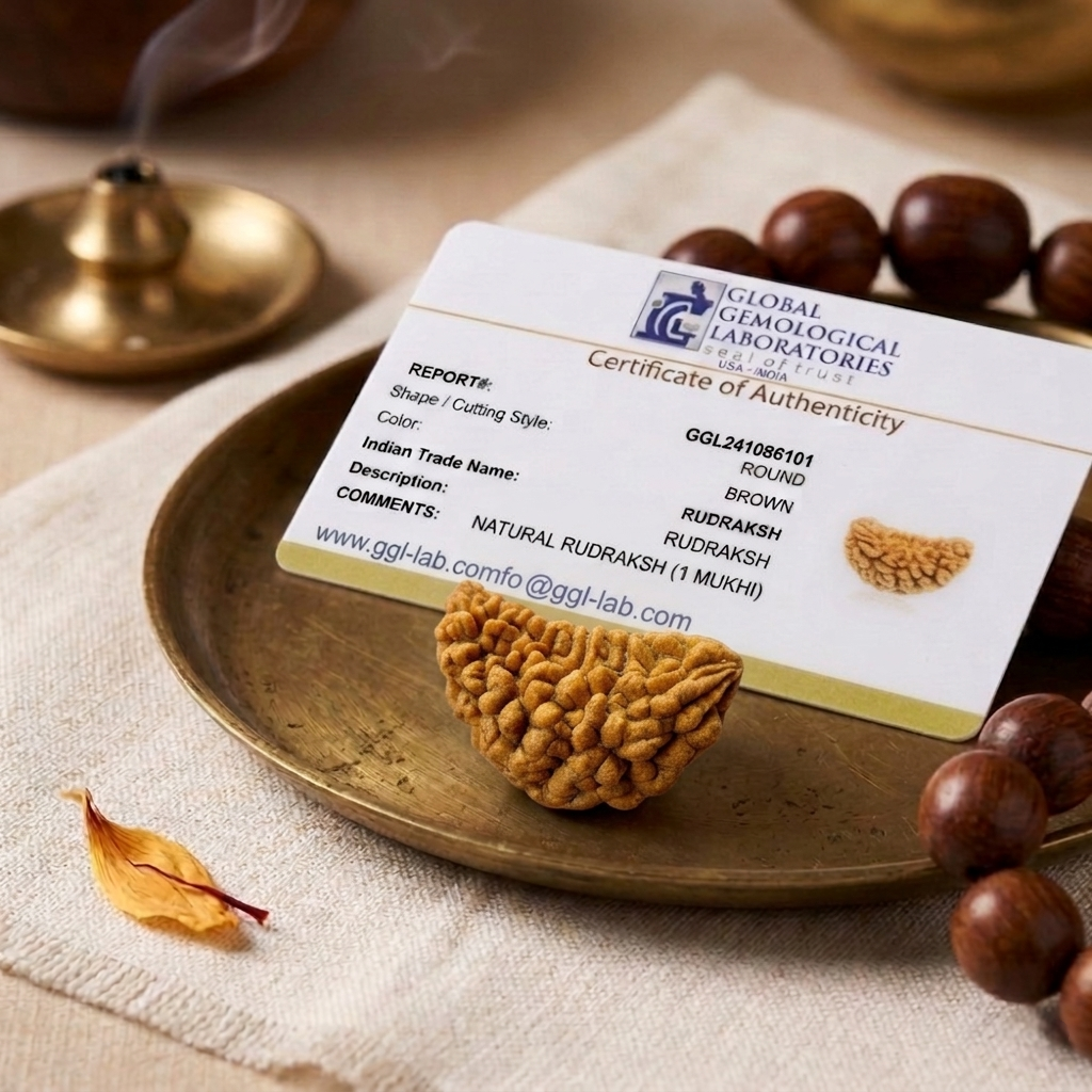 Authentic 1 Mukhi Rudraksha bead in cashew shape with one clear natural groove and deep brown texture from lakshya gems mumbai