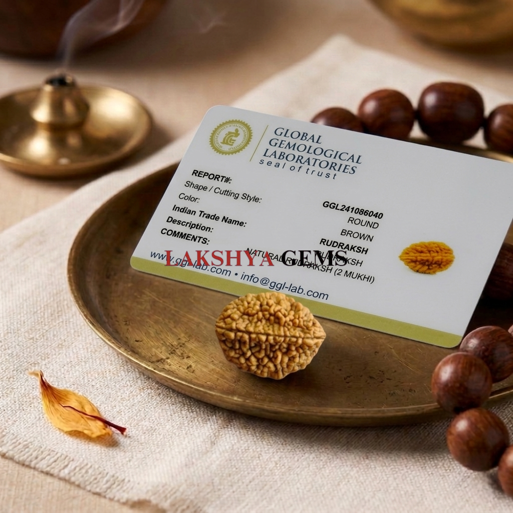Authentic 2 Mukhi Rudraksha bead featuring two distinct natural grooves and a high-quality dark brown finish from lakshya gems mumbai