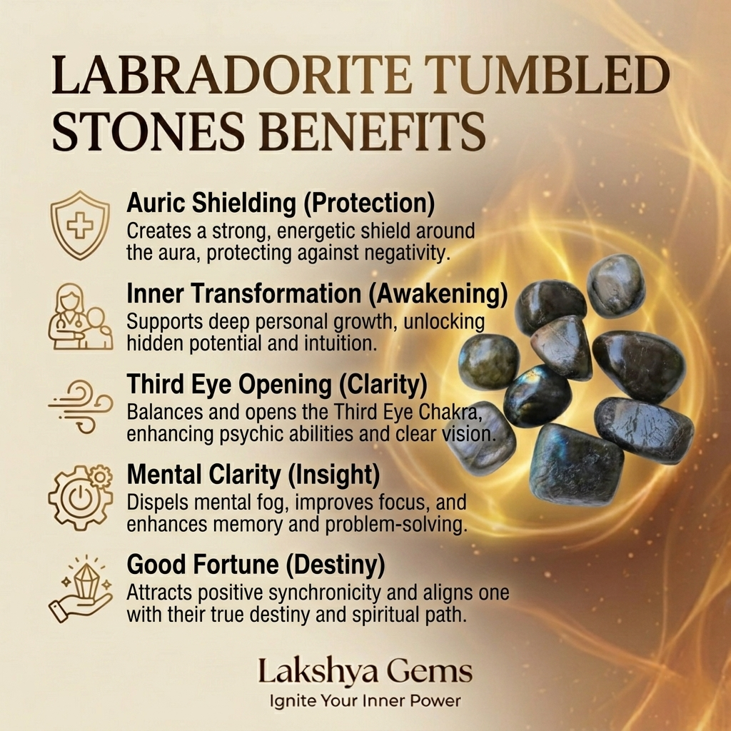 A collection of polished Labradorite crystal tumbles showing brilliant blue and gold flashes of labradorescence