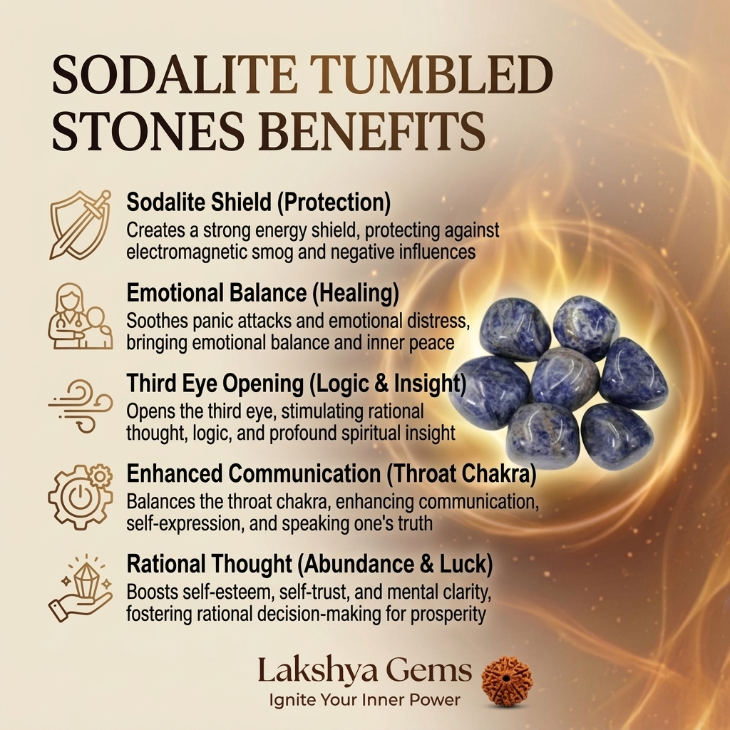 A collection of polished Sodalite crystal tumbles featuring a deep royal blue color and white calcite veins.