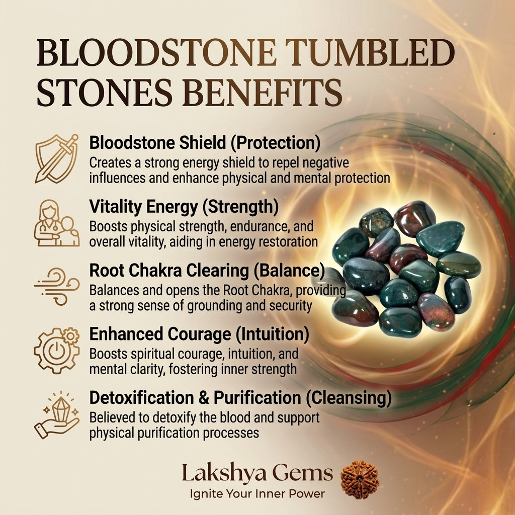 A collection of polished Bloodstone crystal tumbles featuring deep green colors and bright red jasper spots.