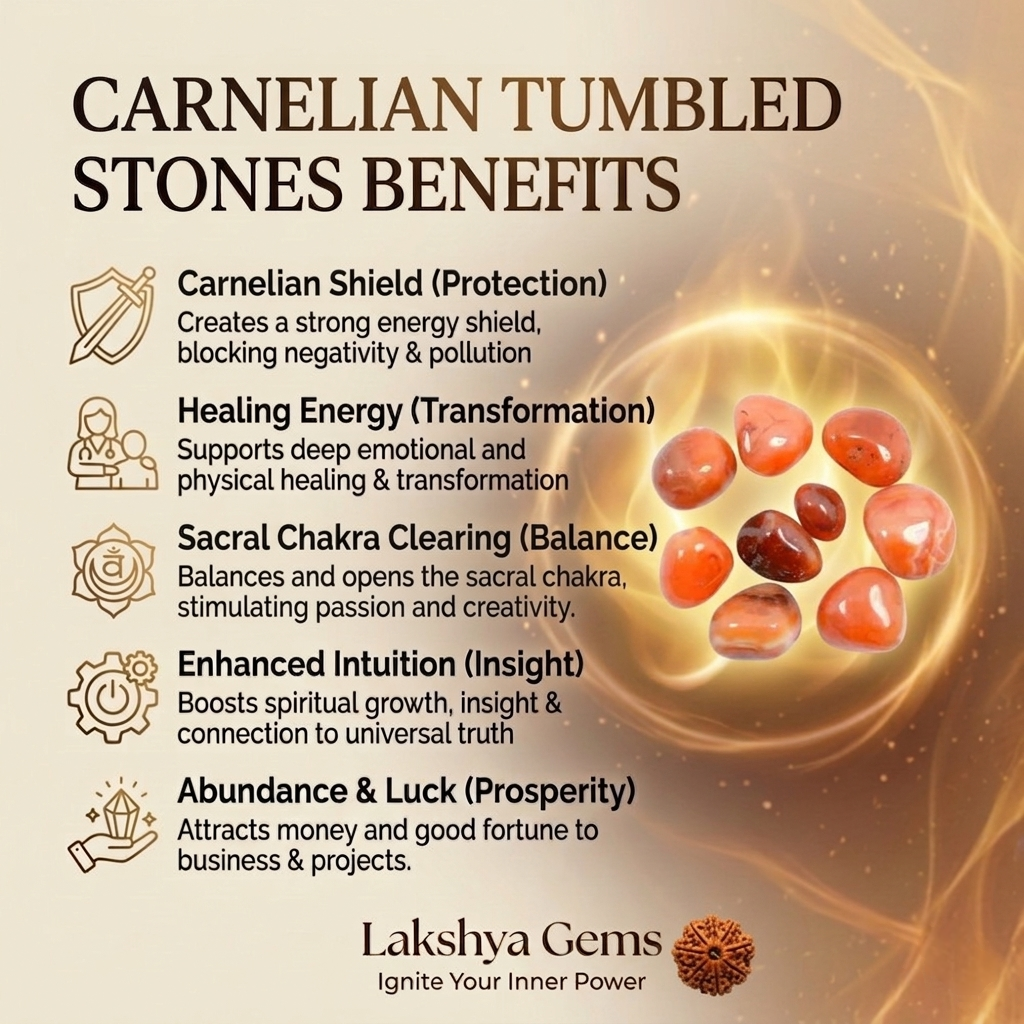 A collection of polished Carnelian crystal tumbles featuring vibrant orange and deep sunset-red translucent colors.