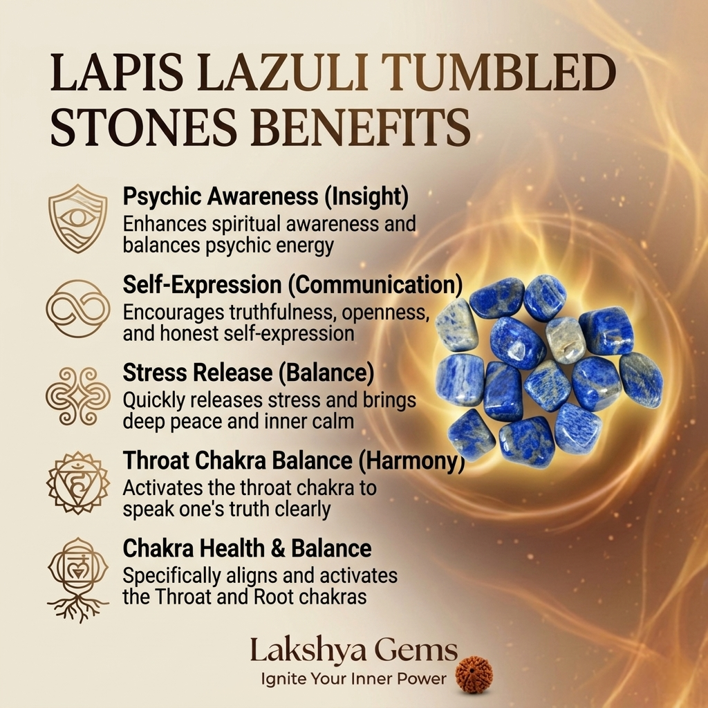 A collection of polished Lapis Lazuli crystal tumbles featuring a deep royal blue color and golden pyrite flecks.