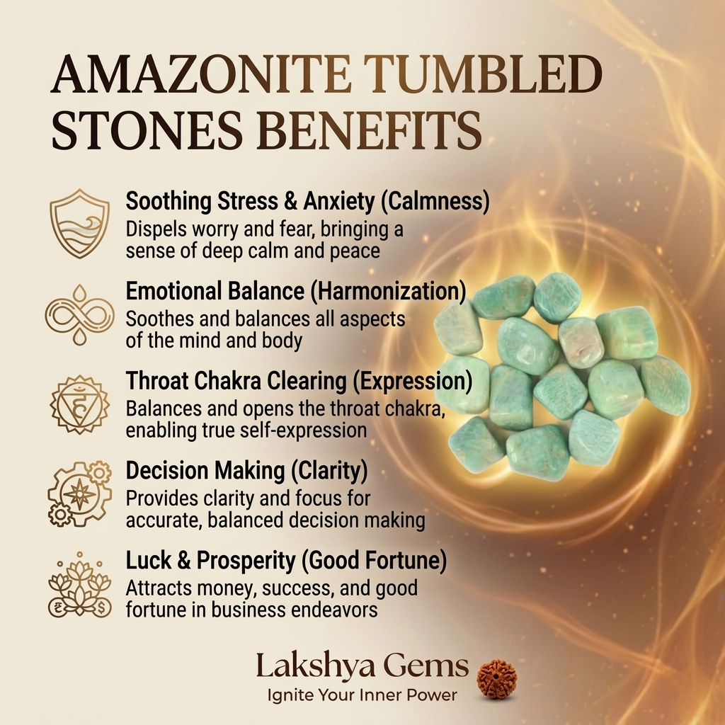 A collection of polished Amazonite crystal tumbles featuring vibrant turquoise-green colors and natural white veining.