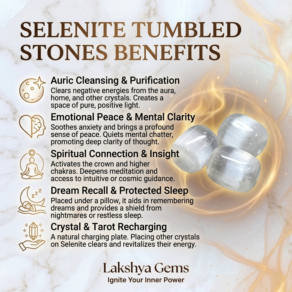 A collection of polished Selenite crystal tumbles featuring a pearly white, translucent fiber-optic glow.
