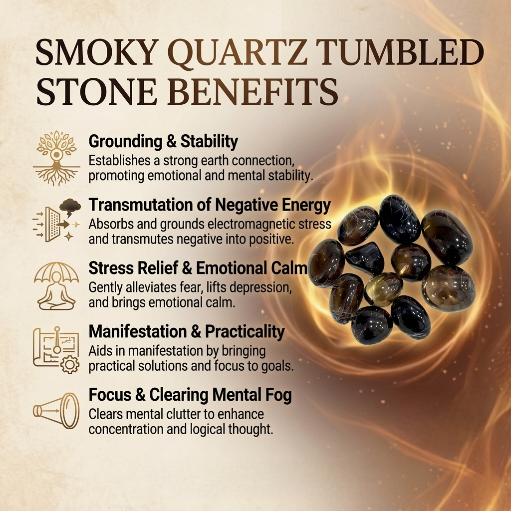 A collection of polished Smoky Quartz crystal tumbles featuring translucent brownish-grey tones and natural clarity from lakshya gems mumbai