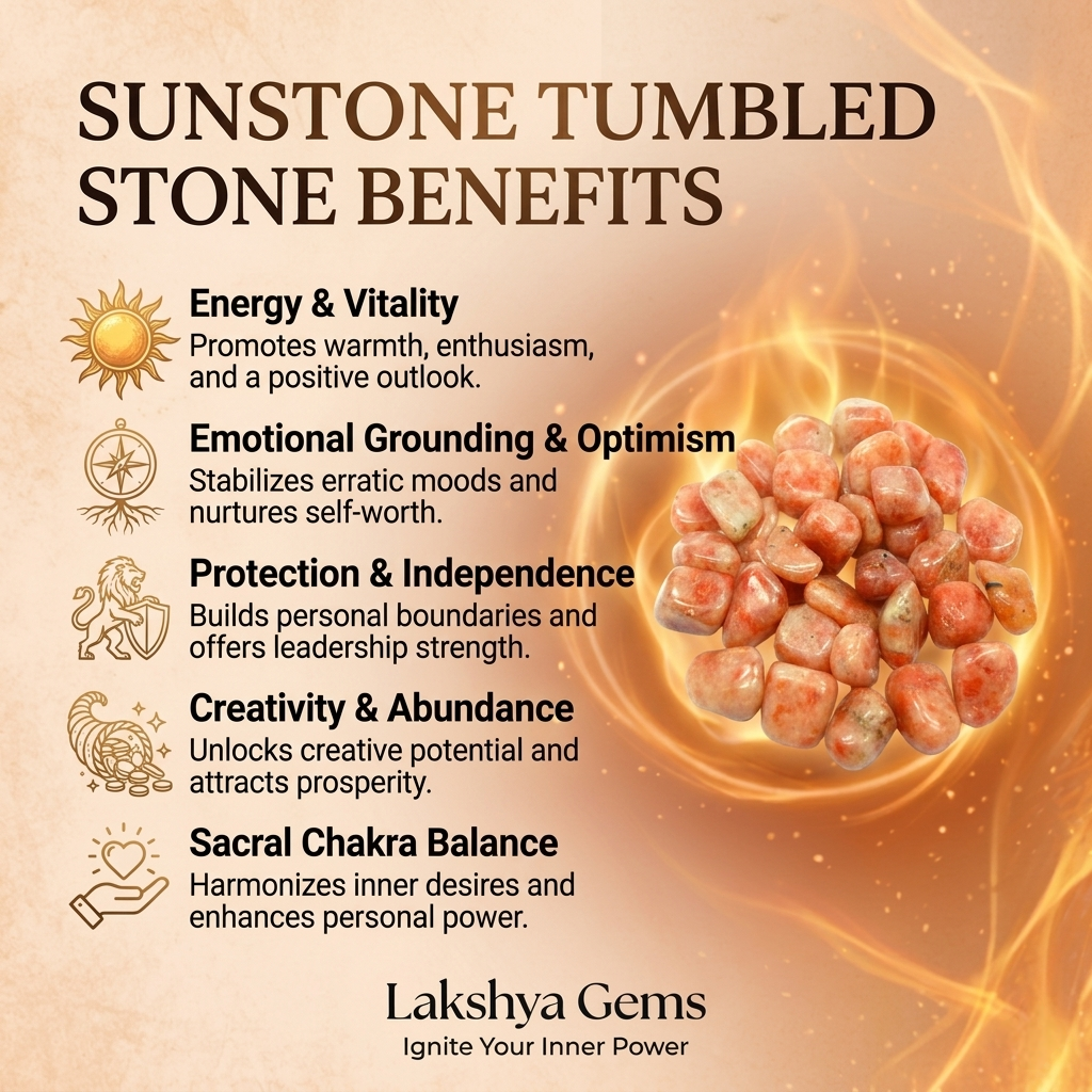 A collection of polished Sunstone crystal tumbles showing vibrant orange colors and golden metallic shimmer.