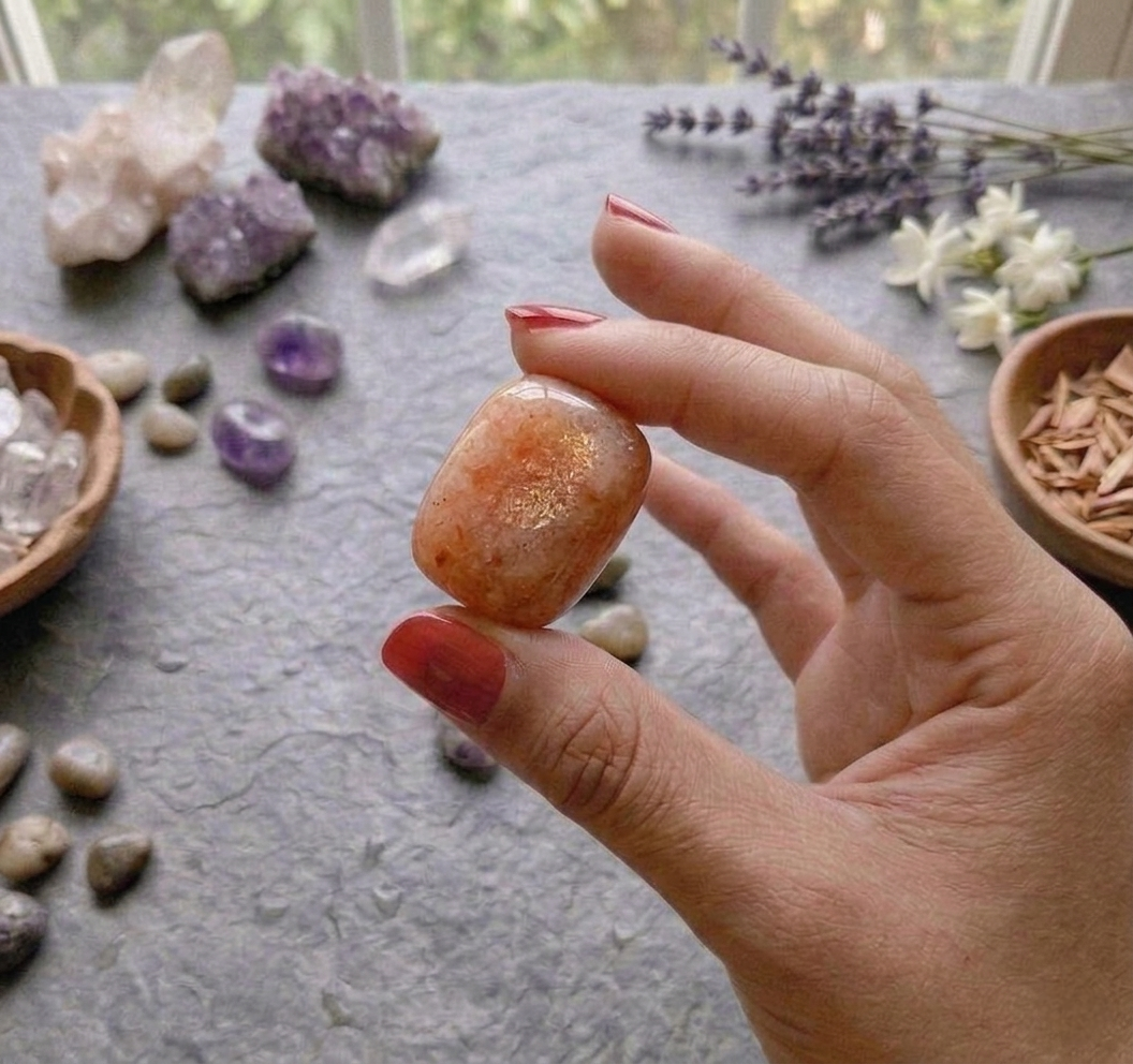 A collection of polished Sunstone crystal tumbles showing vibrant orange colors and golden metallic shimmer.