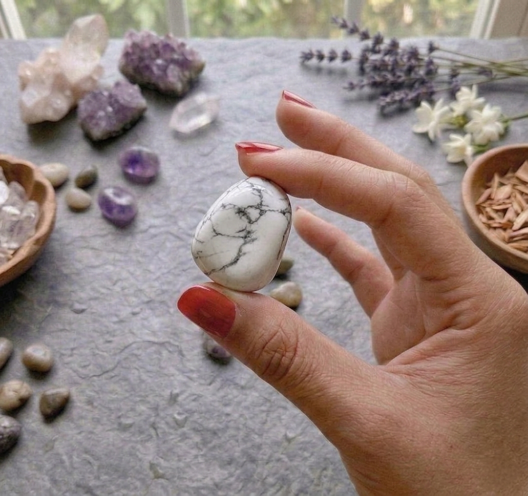 A collection of polished Howlite crystal tumbles featuring a snow-white surface and natural grey spider-web veins