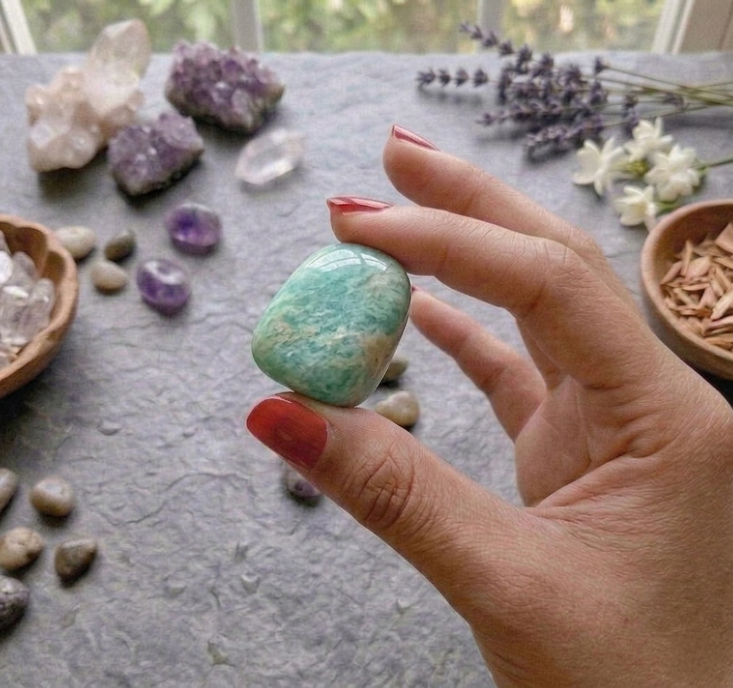 A collection of polished Amazonite crystal tumbles featuring vibrant turquoise-green colors and natural white veining.