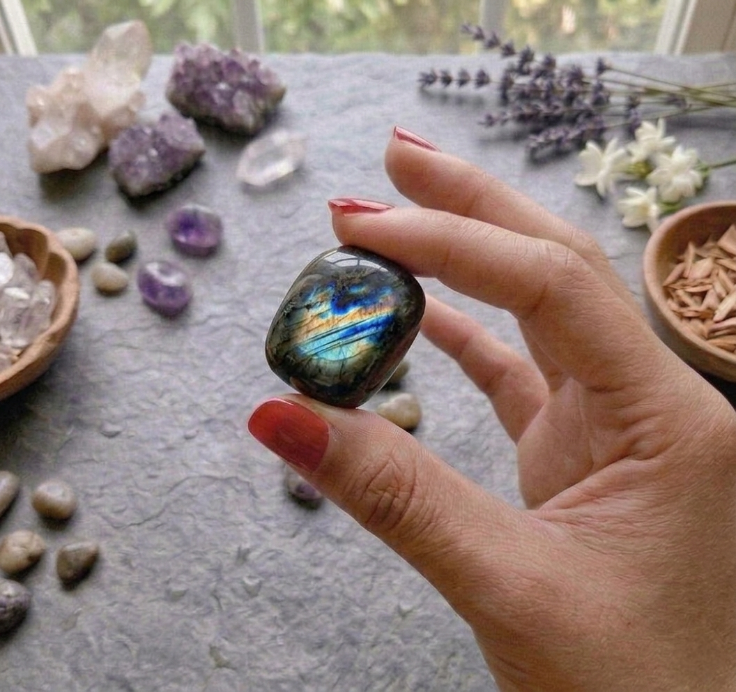 A collection of polished Labradorite crystal tumbles showing brilliant blue and gold flashes of labradorescence